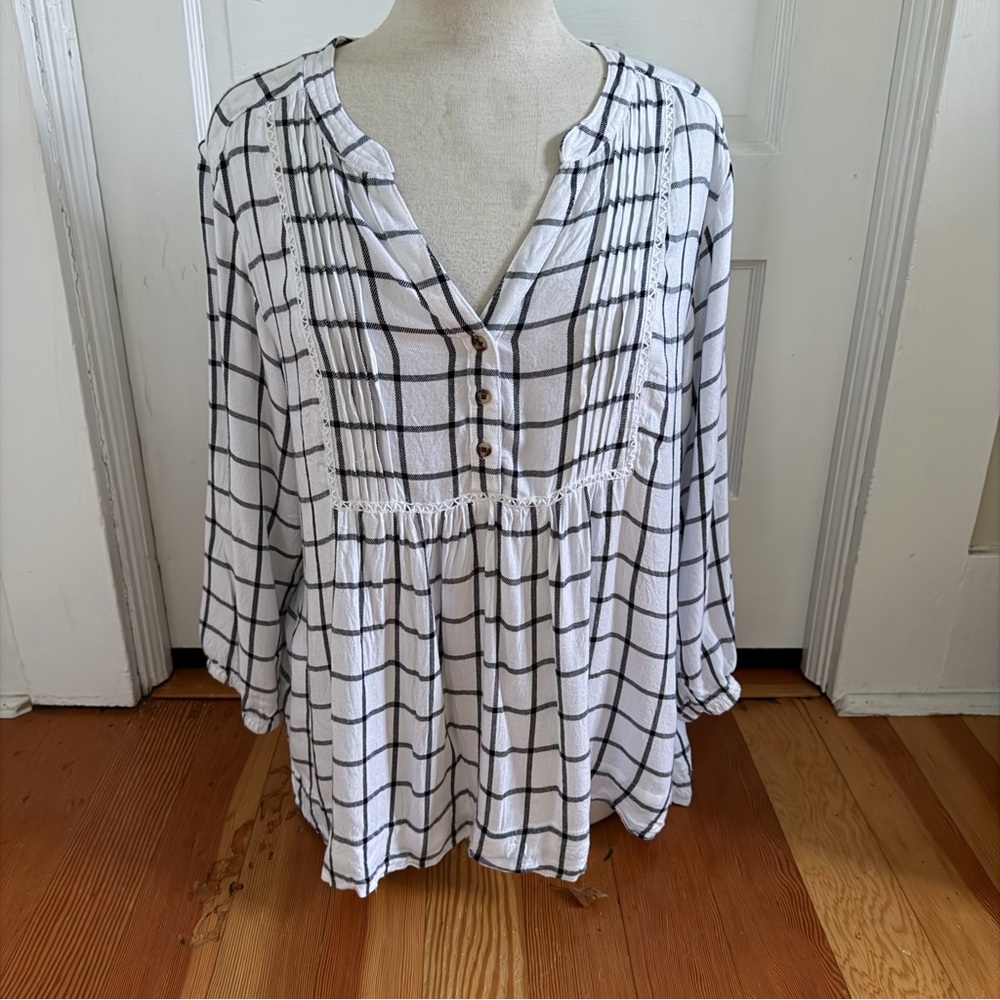 Wrangler 3/4‎ Sleeve White Black Checked Blouse Large